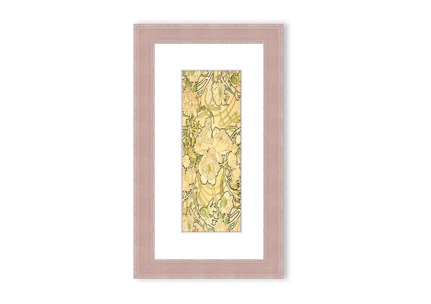 Framed print of Alphonse Mucha's Peonies artwork, showcasing vibrant floral designs in a decorative frame.