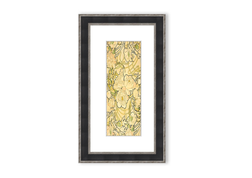 Framed print of Alphonse Mucha's Peonies artwork, showcasing vibrant floral designs in a decorative frame.