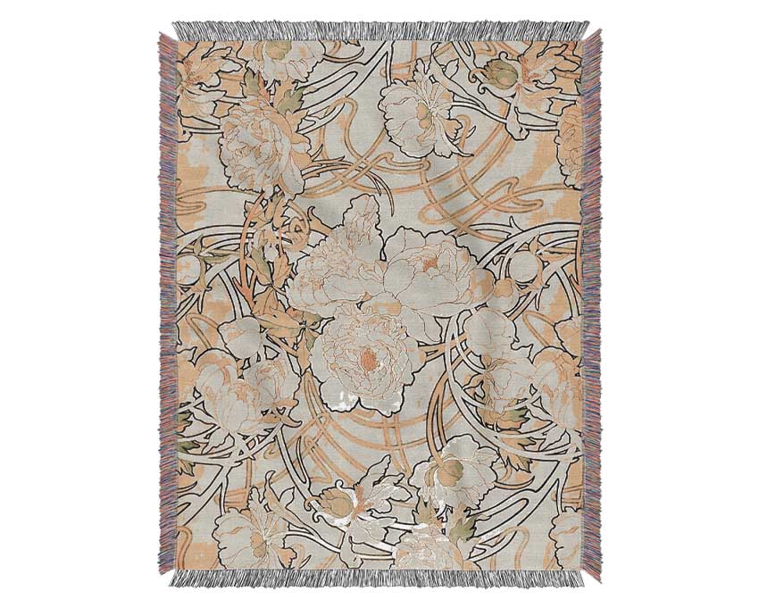 Alphonse Mucha Peonies throw blanket featuring intricate floral design in soft cotton fabric, perfect for home decor.