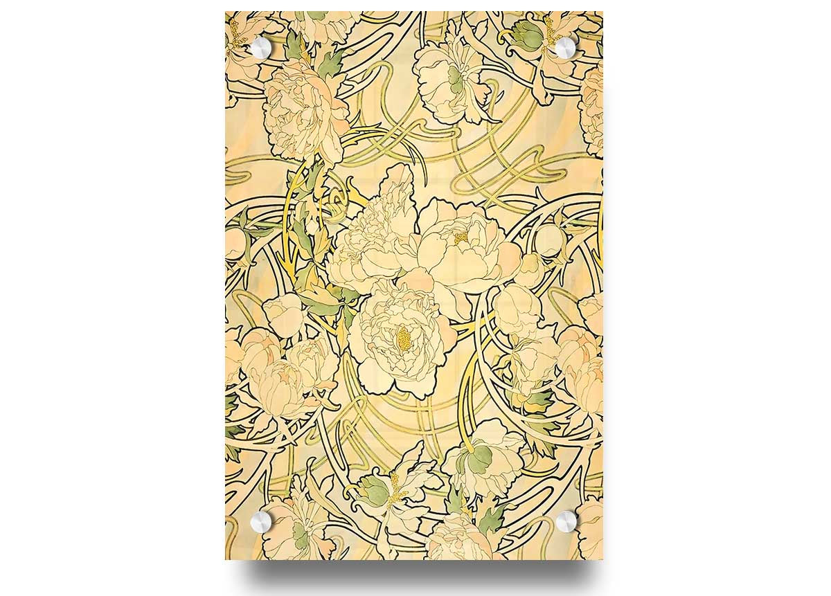 Alphonse Mucha Peonies acrylic print on 5mm thick acrylic glass, showcasing vibrant floral design.