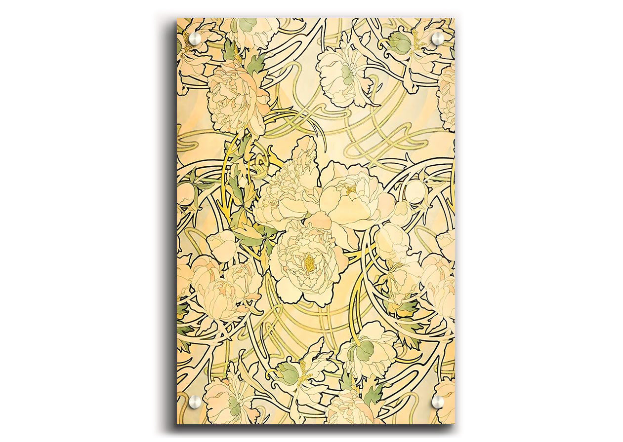 Alphonse Mucha Peonies acrylic print on 5mm thick acrylic glass, showcasing vibrant floral design.