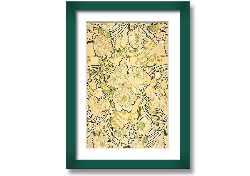 Framed print of Alphonse Mucha's Peonies artwork, showcasing vibrant flowers and intricate details.