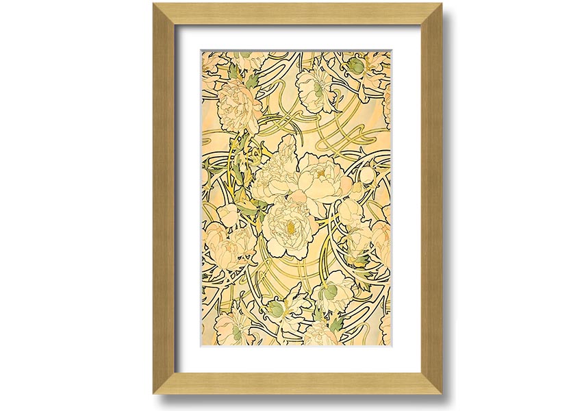 Framed print of Alphonse Mucha's Peonies artwork, showcasing vibrant flowers and intricate details.