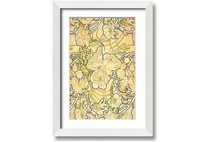 Framed print of Alphonse Mucha's Peonies artwork, showcasing vibrant flowers and intricate details.