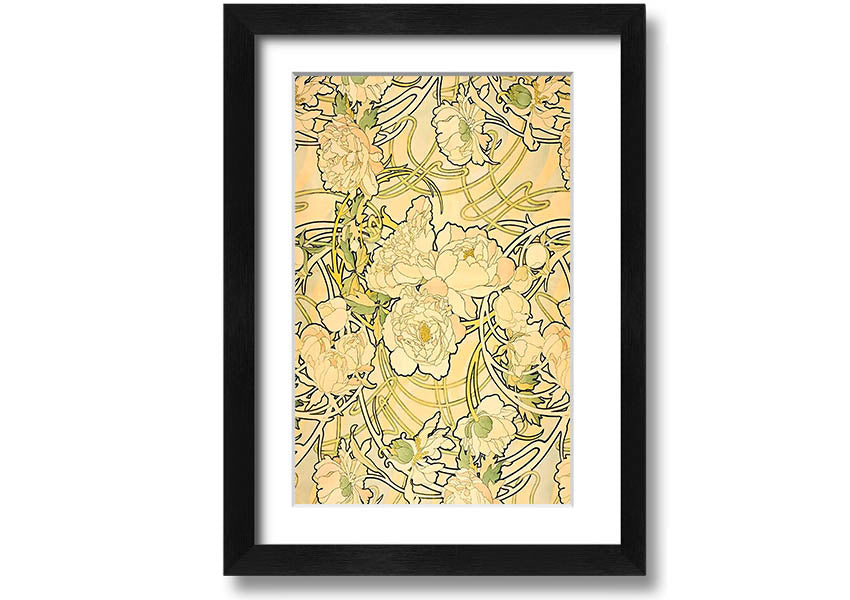 Framed print of Alphonse Mucha's Peonies artwork, showcasing vibrant flowers and intricate details.