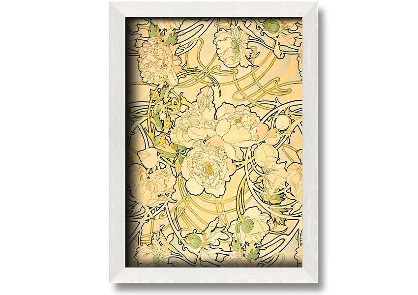 Framed print of Alphonse Mucha's Peonies artwork, showcasing vibrant flowers and intricate details.