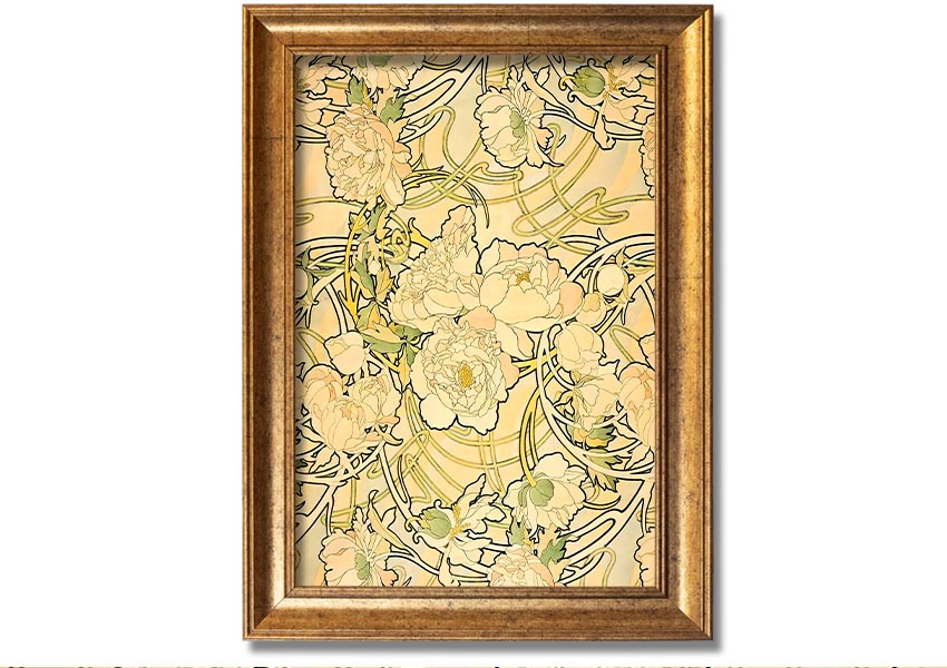 Framed print of Alphonse Mucha's Peonies artwork, showcasing vibrant flowers and intricate details.