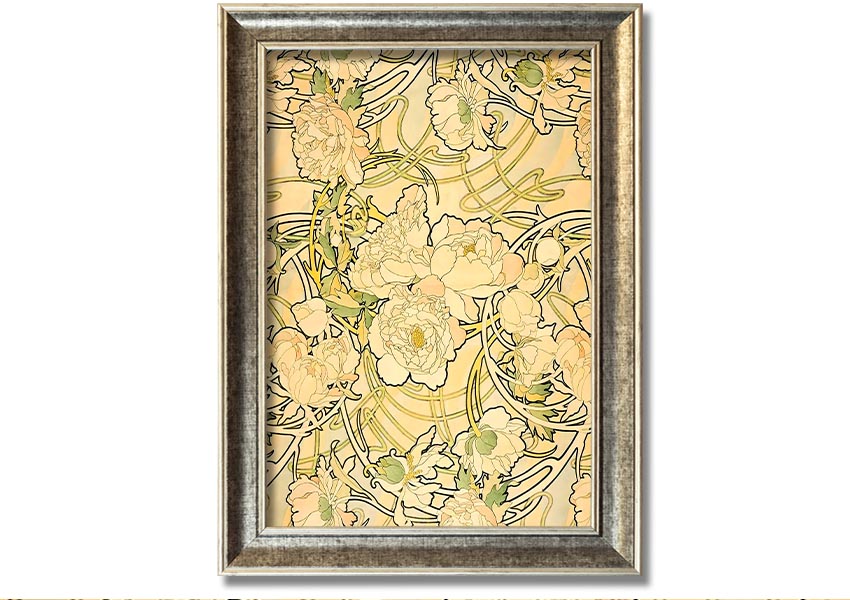 Framed print of Alphonse Mucha's Peonies artwork, showcasing vibrant flowers and intricate details.