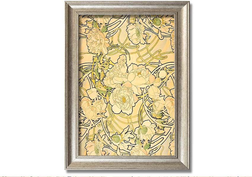 Framed print of Alphonse Mucha's Peonies artwork, showcasing vibrant flowers and intricate details.