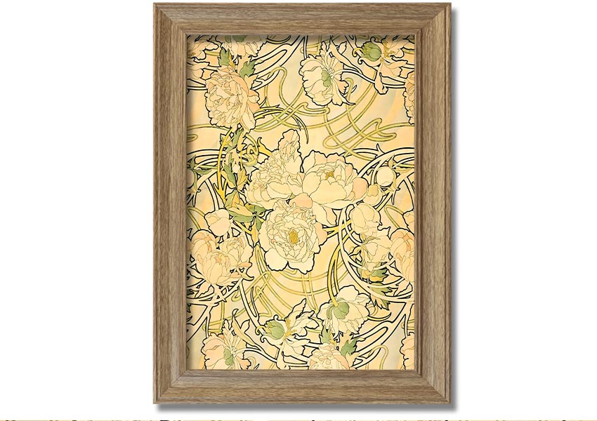 Framed print of Alphonse Mucha's Peonies artwork, showcasing vibrant flowers and intricate details.