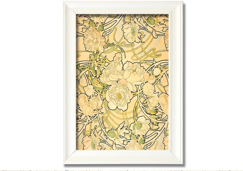 Framed print of Alphonse Mucha's Peonies artwork, showcasing vibrant flowers and intricate details.