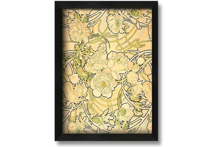 Framed print of Alphonse Mucha's Peonies artwork, showcasing vibrant flowers and intricate details.