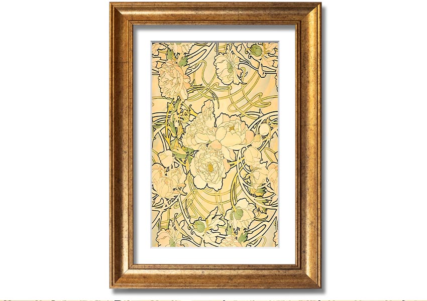 Framed print of Alphonse Mucha's Peonies artwork, showcasing vibrant flowers and intricate details.