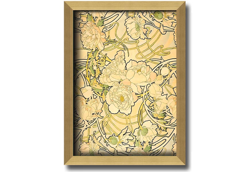 Framed print of Alphonse Mucha's Peonies artwork, showcasing vibrant flowers and intricate details.