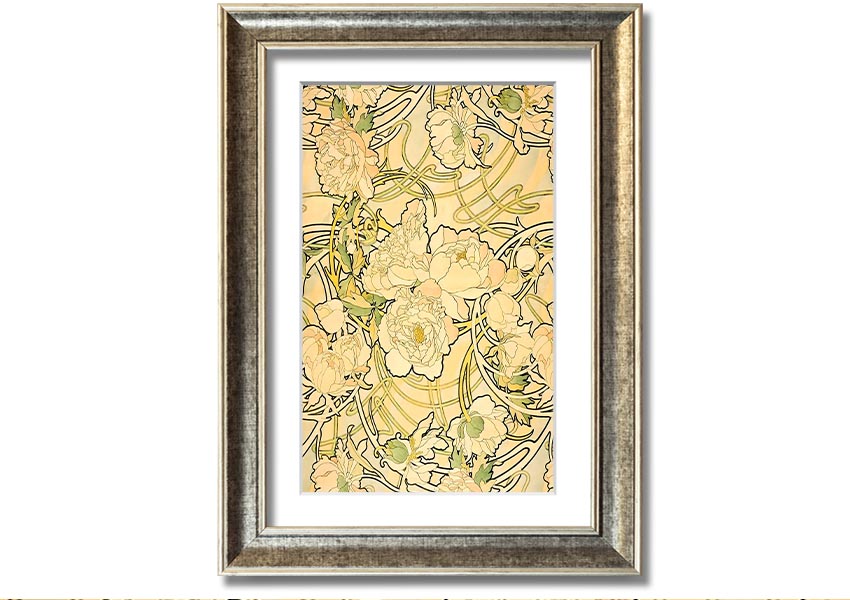 Framed print of Alphonse Mucha's Peonies artwork, showcasing vibrant flowers and intricate details.