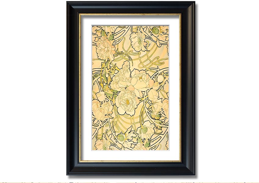 Framed print of Alphonse Mucha's Peonies artwork, showcasing vibrant flowers and intricate details.