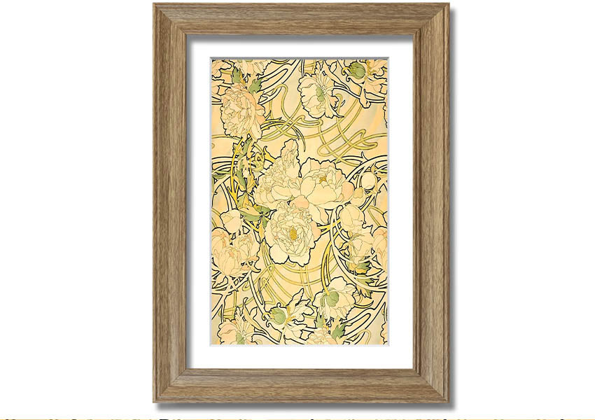 Framed print of Alphonse Mucha's Peonies artwork, showcasing vibrant flowers and intricate details.