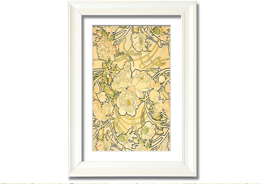 Framed print of Alphonse Mucha's Peonies artwork, showcasing vibrant flowers and intricate details.