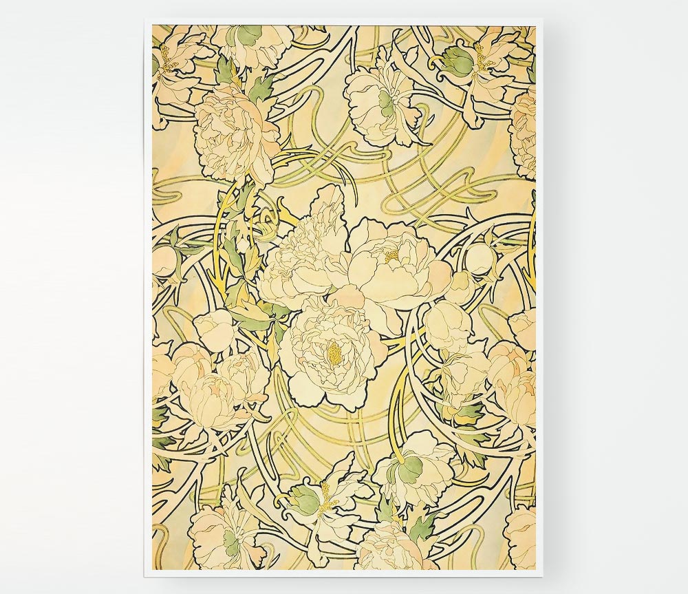 Alphonse Mucha Peonies poster on high-quality canvas, showcasing vibrant colors and intricate floral details.