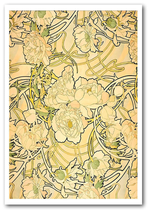 Alphonse Mucha Peonies poster on high-quality canvas, showcasing vibrant colors and intricate floral details.