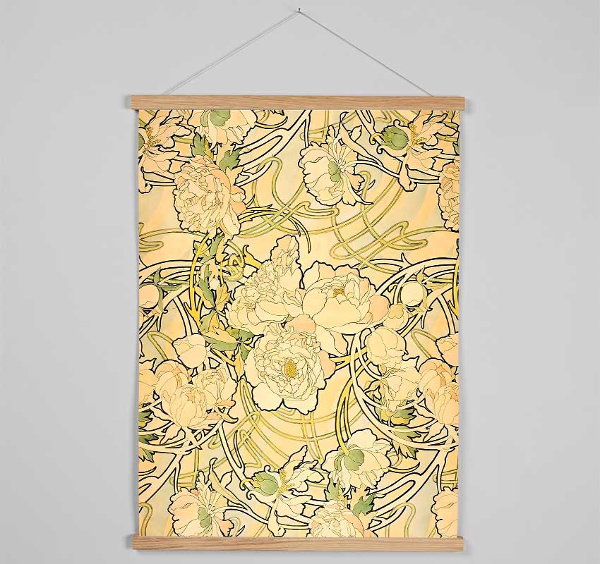 Elegant wooden poster hangers displaying Alphonse Mucha Peonies print, featuring magnetic fastening and natural wood finish.