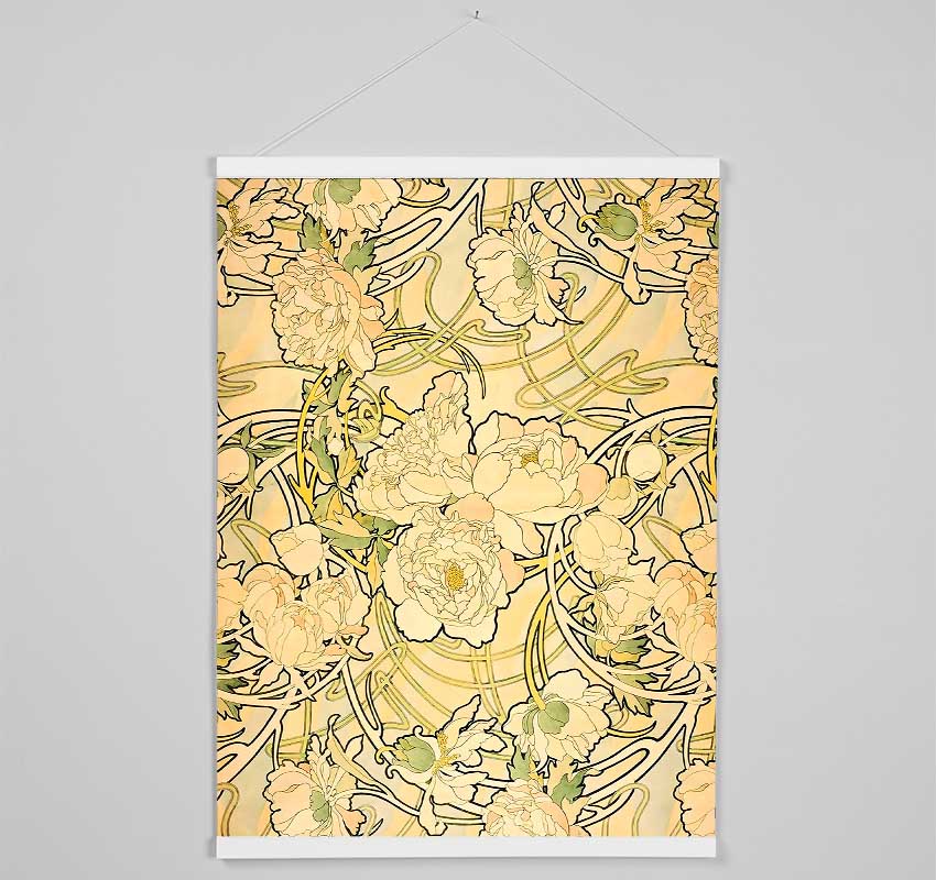 Elegant wooden poster hangers displaying Alphonse Mucha Peonies print, featuring magnetic fastening and natural wood finish.