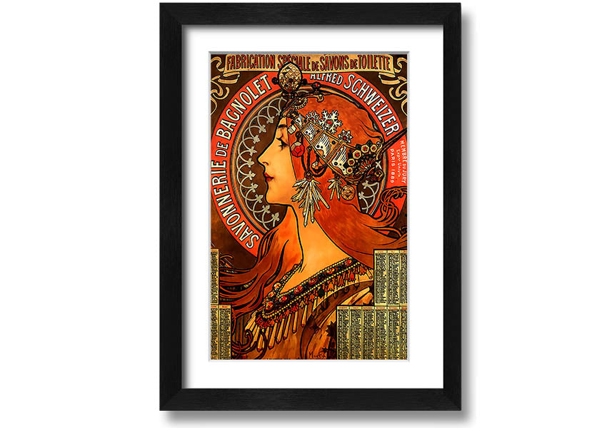 Framed print of Alphonse Mucha's Savonnerie De Bagnolet artwork, showcasing intricate details and vibrant colors, ready to hang.