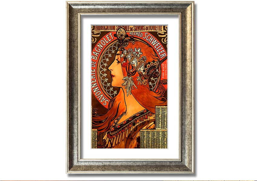 Framed print of Alphonse Mucha's Savonnerie De Bagnolet artwork, showcasing intricate details and vibrant colors, ready to hang.