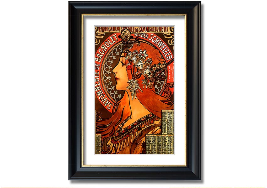 Framed print of Alphonse Mucha's Savonnerie De Bagnolet artwork, showcasing intricate details and vibrant colors, ready to hang.