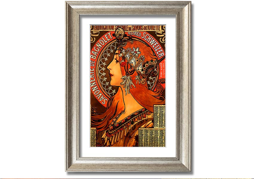 Framed print of Alphonse Mucha's Savonnerie De Bagnolet artwork, showcasing intricate details and vibrant colors, ready to hang.