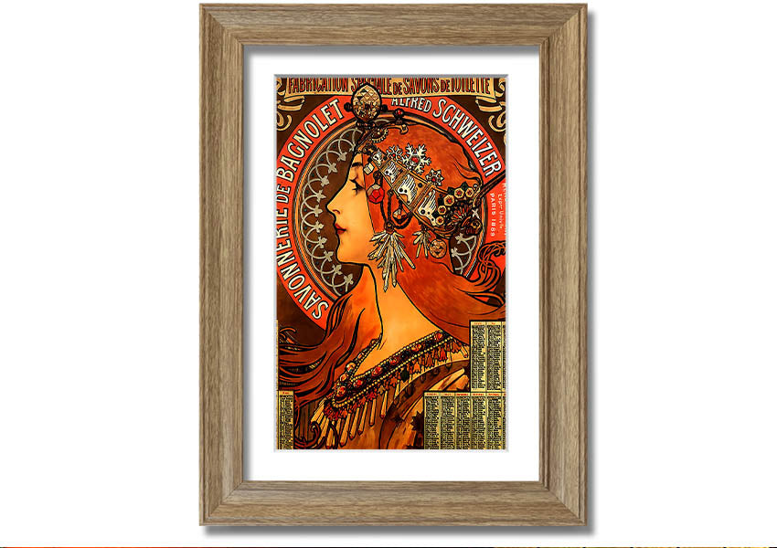 Framed print of Alphonse Mucha's Savonnerie De Bagnolet artwork, showcasing intricate details and vibrant colors, ready to hang.