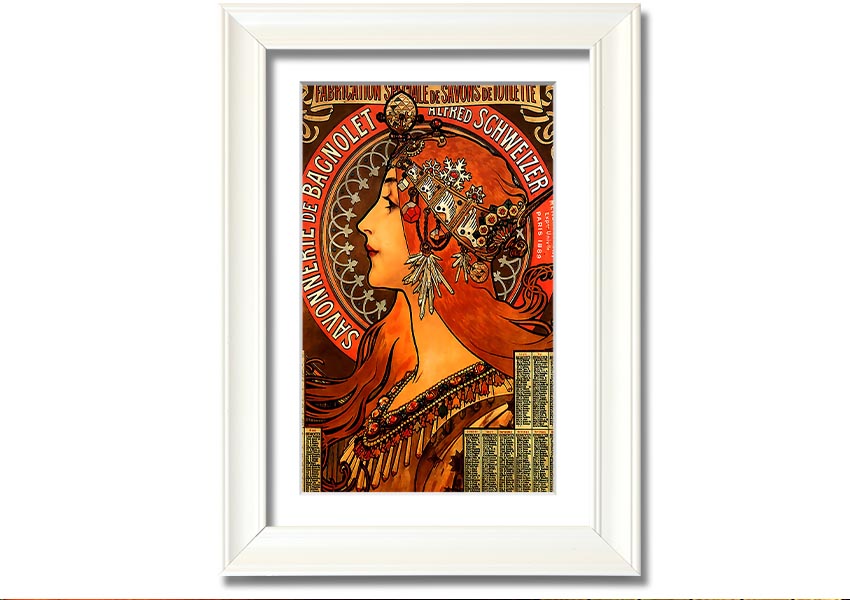 Framed print of Alphonse Mucha's Savonnerie De Bagnolet artwork, showcasing intricate details and vibrant colors, ready to hang.