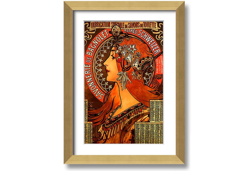 Framed print of Alphonse Mucha's Savonnerie De Bagnolet artwork, showcasing intricate details and vibrant colors, ready to hang.