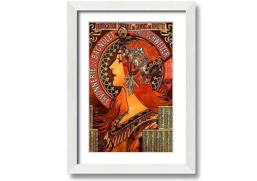 Framed print of Alphonse Mucha's Savonnerie De Bagnolet artwork, showcasing intricate details and vibrant colors, ready to hang.