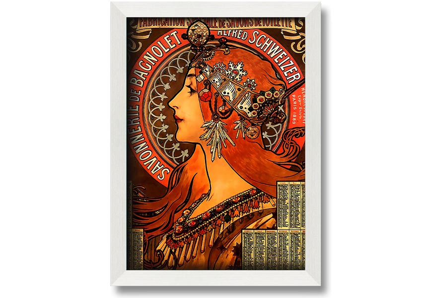 Framed print of Alphonse Mucha's Savonnerie De Bagnolet artwork, showcasing intricate details and vibrant colors, ready to hang.