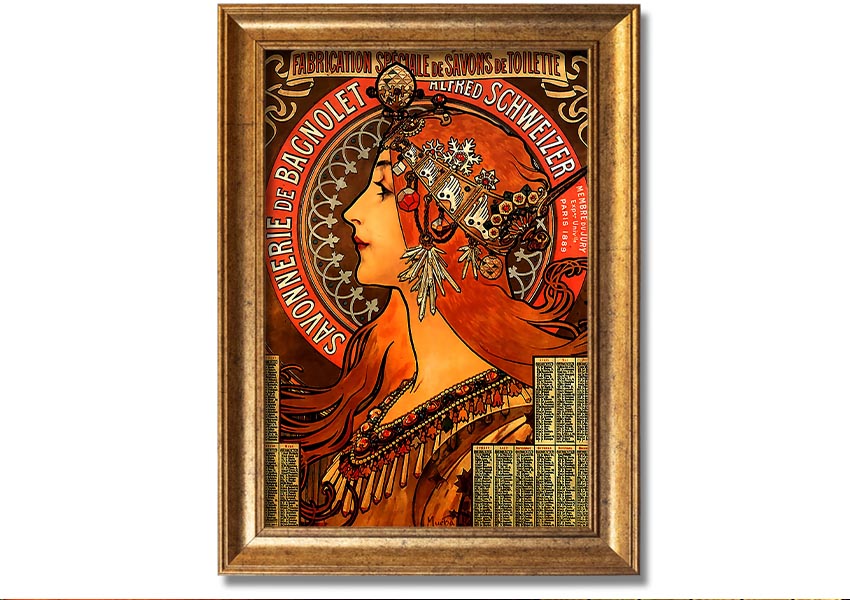 Framed print of Alphonse Mucha's Savonnerie De Bagnolet artwork, showcasing intricate details and vibrant colors, ready to hang.