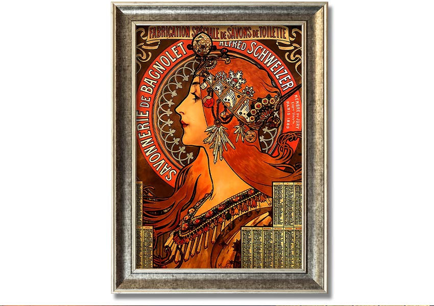 Framed print of Alphonse Mucha's Savonnerie De Bagnolet artwork, showcasing intricate details and vibrant colors, ready to hang.