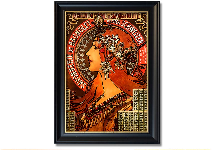 Framed print of Alphonse Mucha's Savonnerie De Bagnolet artwork, showcasing intricate details and vibrant colors, ready to hang.