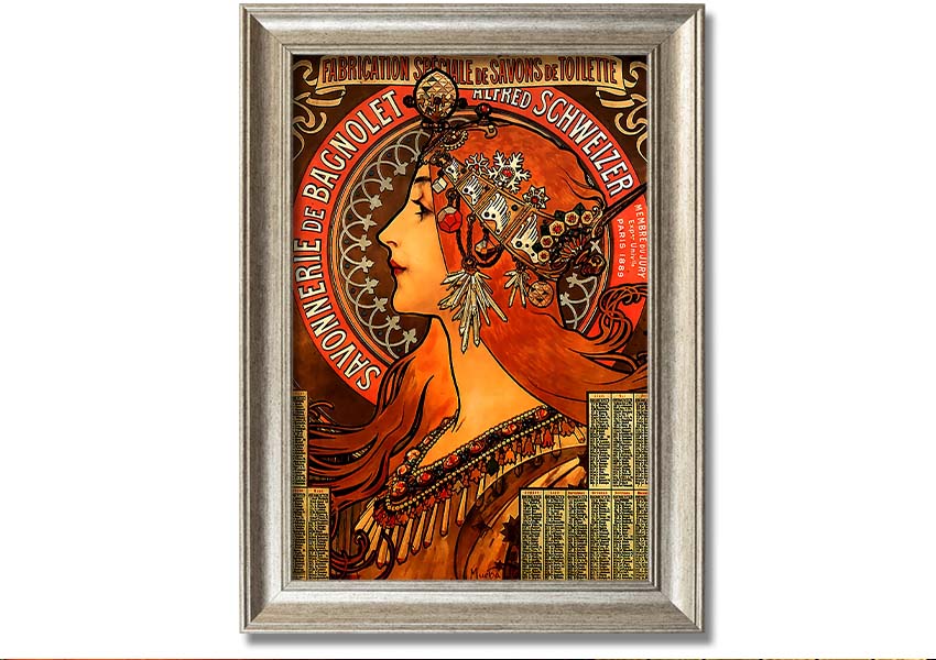 Framed print of Alphonse Mucha's Savonnerie De Bagnolet artwork, showcasing intricate details and vibrant colors, ready to hang.