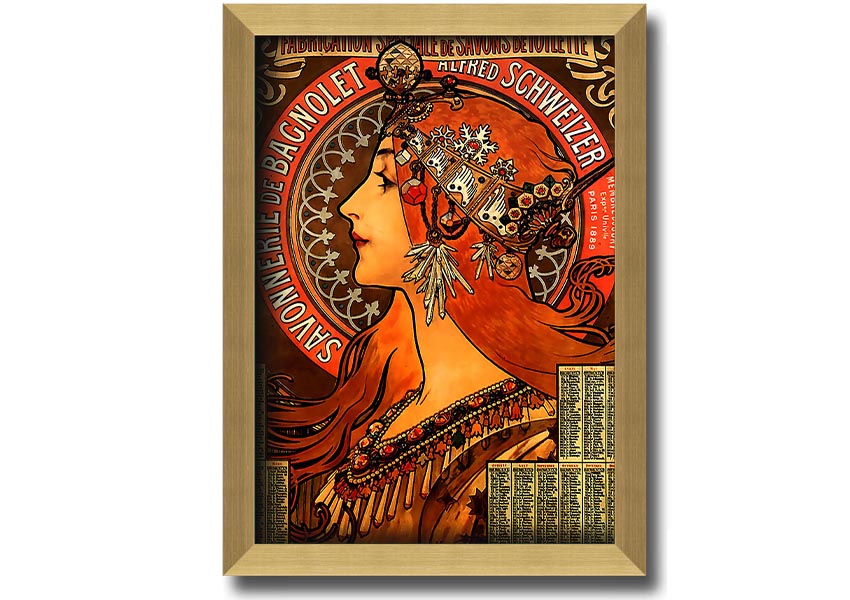 Framed print of Alphonse Mucha's Savonnerie De Bagnolet artwork, showcasing intricate details and vibrant colors, ready to hang.