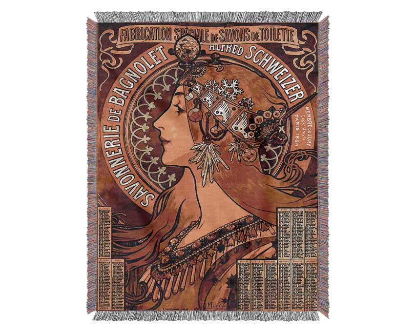 Alphonse Mucha Savonnerie De Bagnolet throw blanket, 100% cotton with intricate art nouveau design, perfect for home decor.