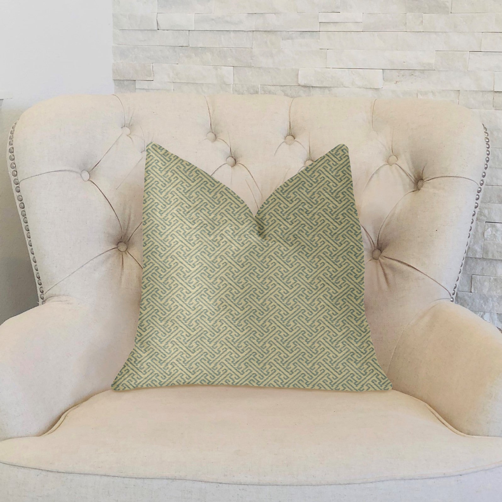 Alpine Maize Blue and Beige Luxury Throw Pillow featuring a chevron pattern, handmade in the USA with a soft fabric blend.