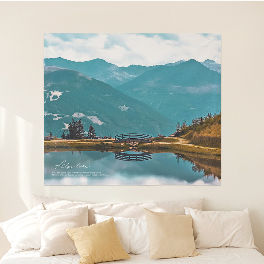 Alps Lake fabric poster showcasing a serene alpine lake scene, measuring 150cm x 130cm, perfect for home decor.