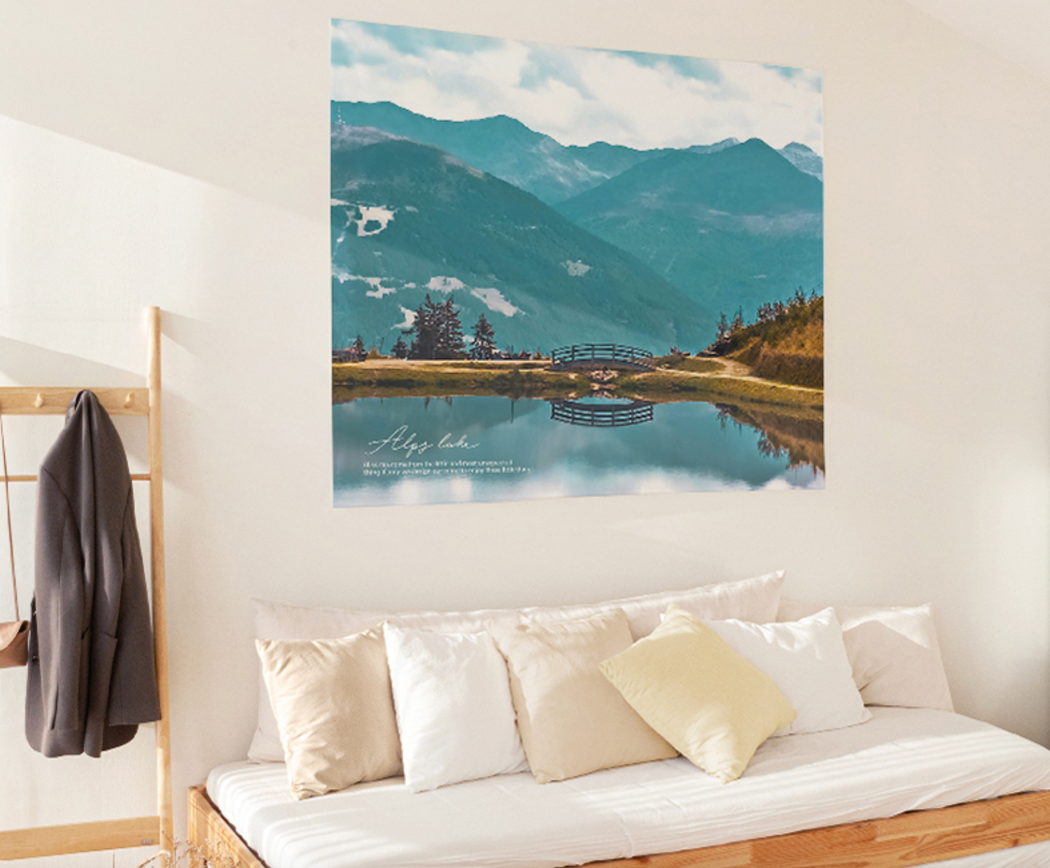 Alps Lake fabric poster showcasing a serene alpine lake scene, measuring 150cm x 130cm, perfect for home decor.