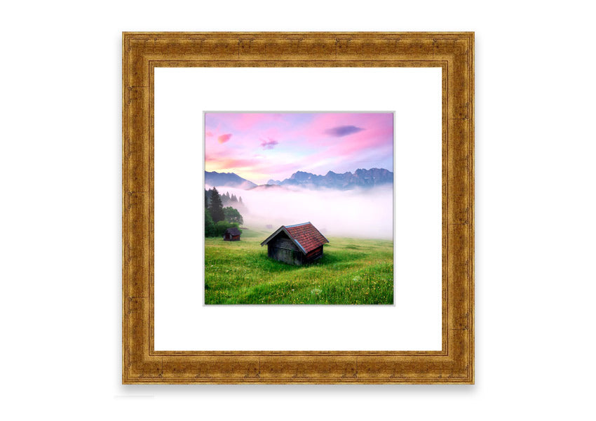 Framed print of the Alps Meadow in Germany, showcasing vibrant colors and serene landscape, available in various frame colors.