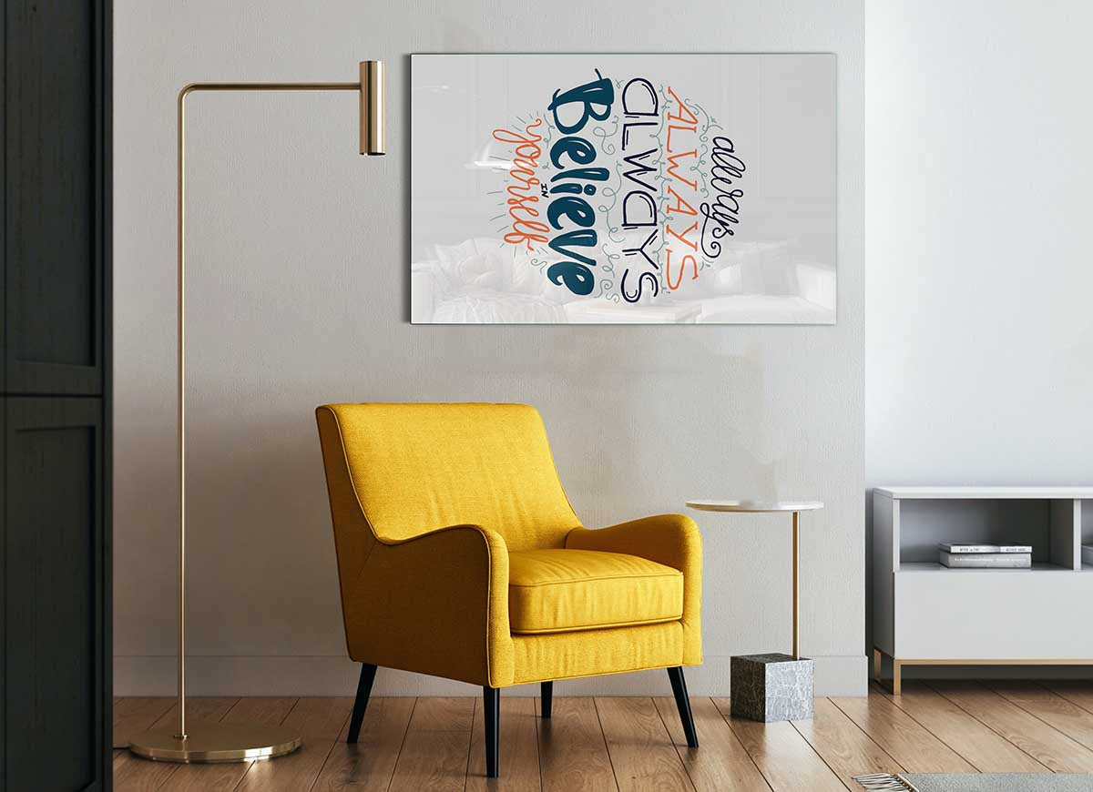 Always Always Always glass print showcasing modern art design with vibrant colors and sleek finish.