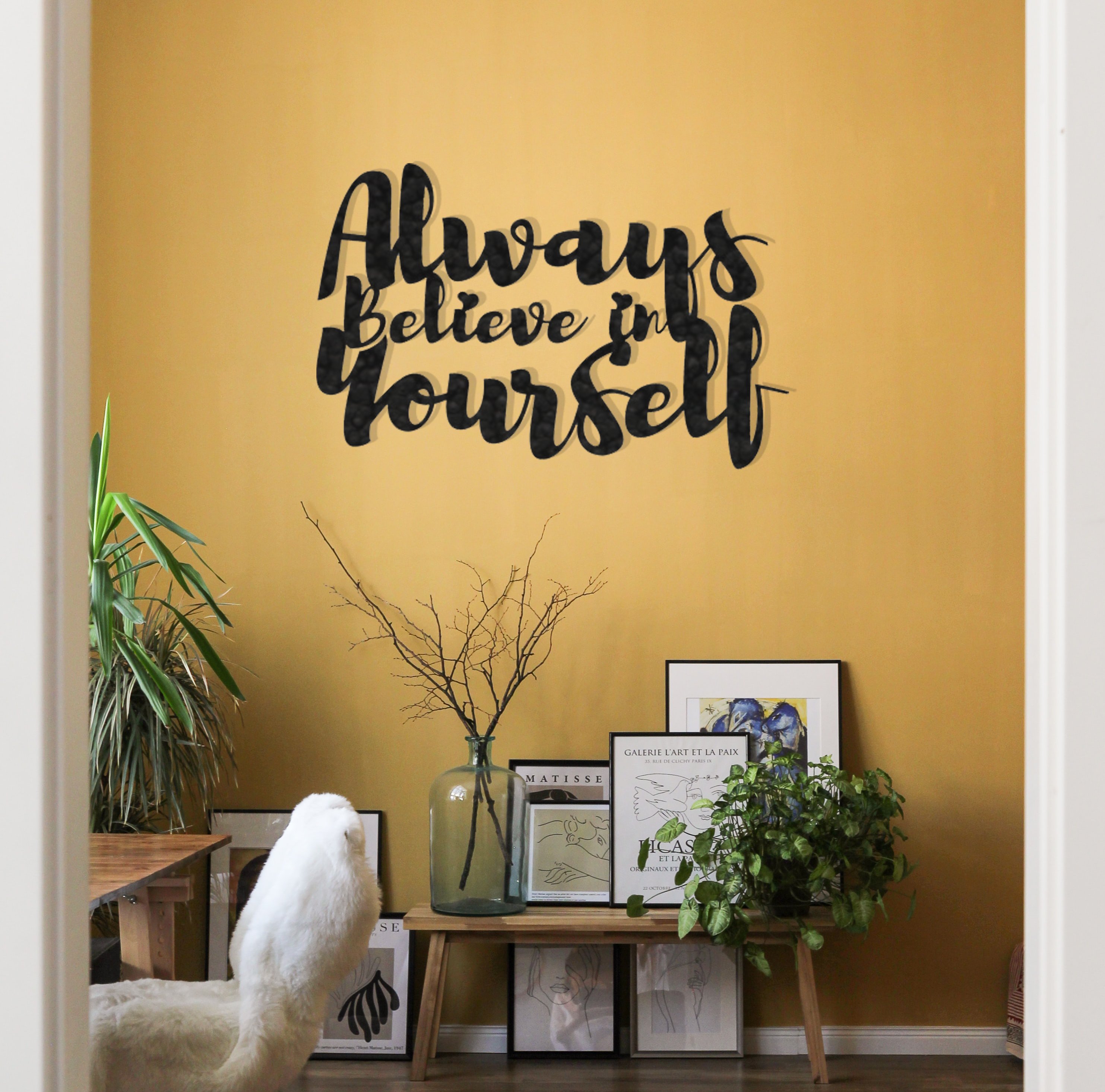 Always Believe in Yourself Metal Wall Art made from durable 14 gauge steel with a low gloss finish, featuring an inspirational message.