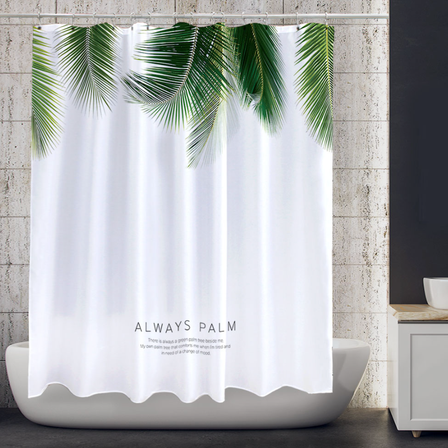 Always Palm shower curtain measuring 180cm x 180cm with a modern palm print design, made from high-quality polyester.