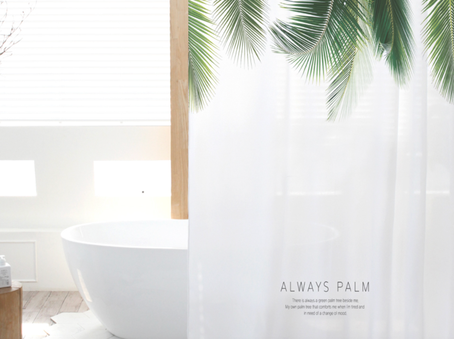 Always Palm shower curtain measuring 180cm x 180cm with a modern palm print design, made from high-quality polyester.