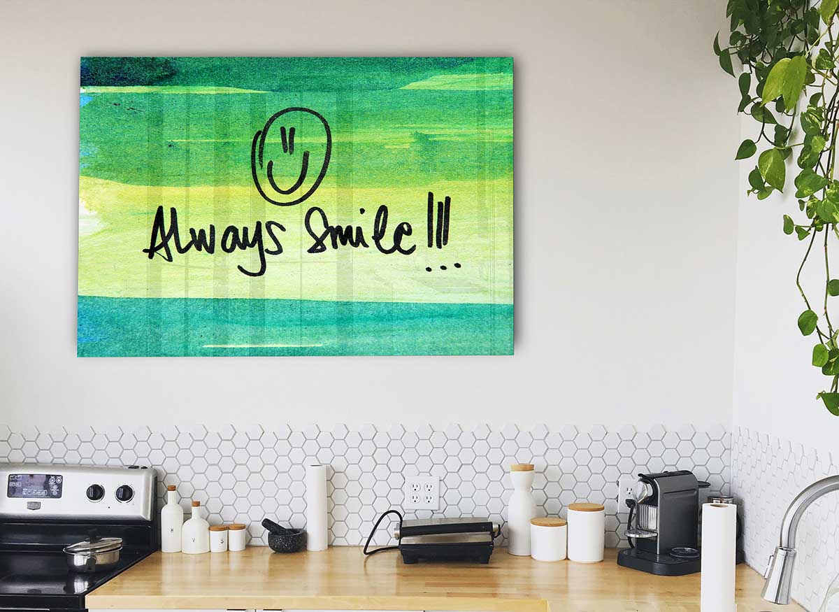 Always Smile glass print featuring modern design and uplifting message, perfect for home decor.